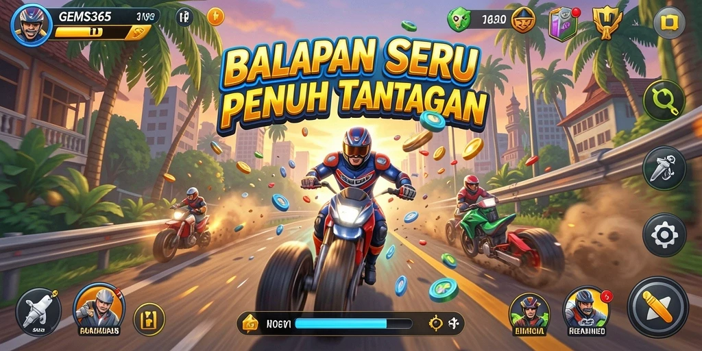 Gameplay balapan seru di GEMS365 dengan grafik memukau.