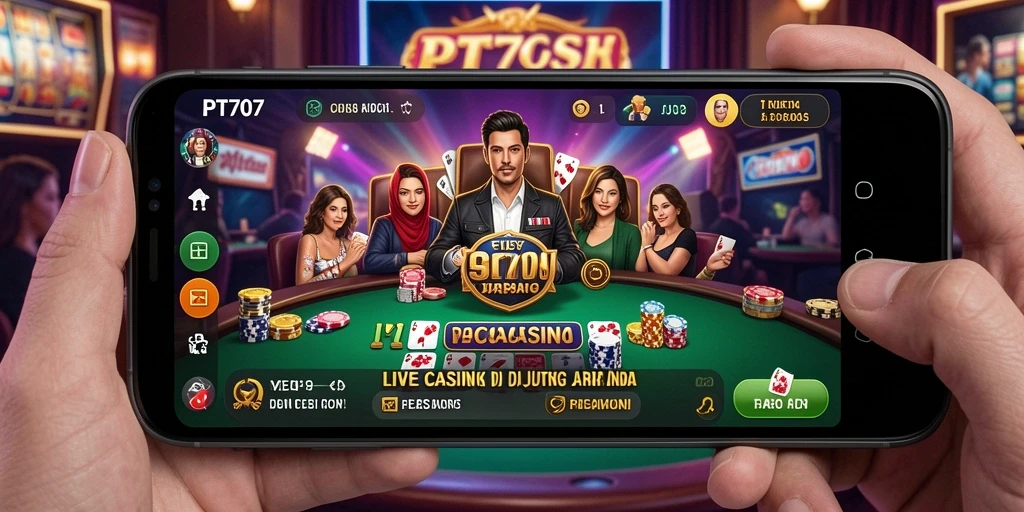 Screenshot PT707 menampilkan dealer langsung dan suasana kasino yang mendebarkan.