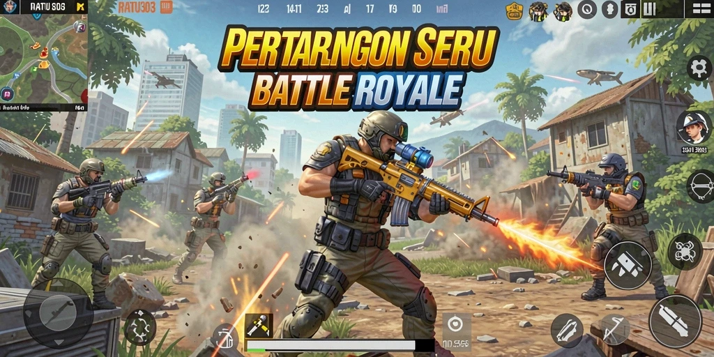 Screenshot utama RATU303 menampilkan aksi seru di arena Battle Royale.