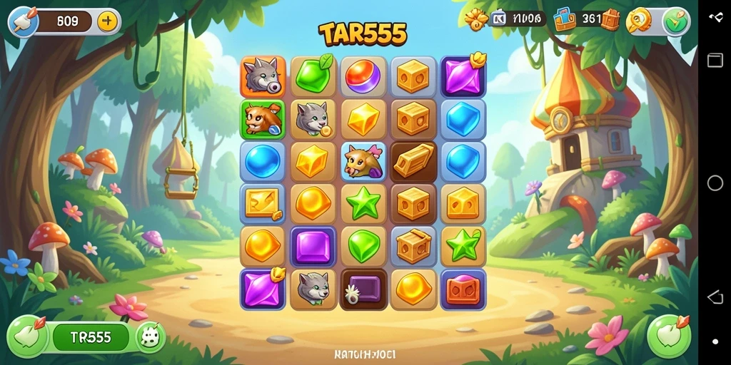 TAR555 menampilkan gameplay match-3 yang seru dan penuh warna.