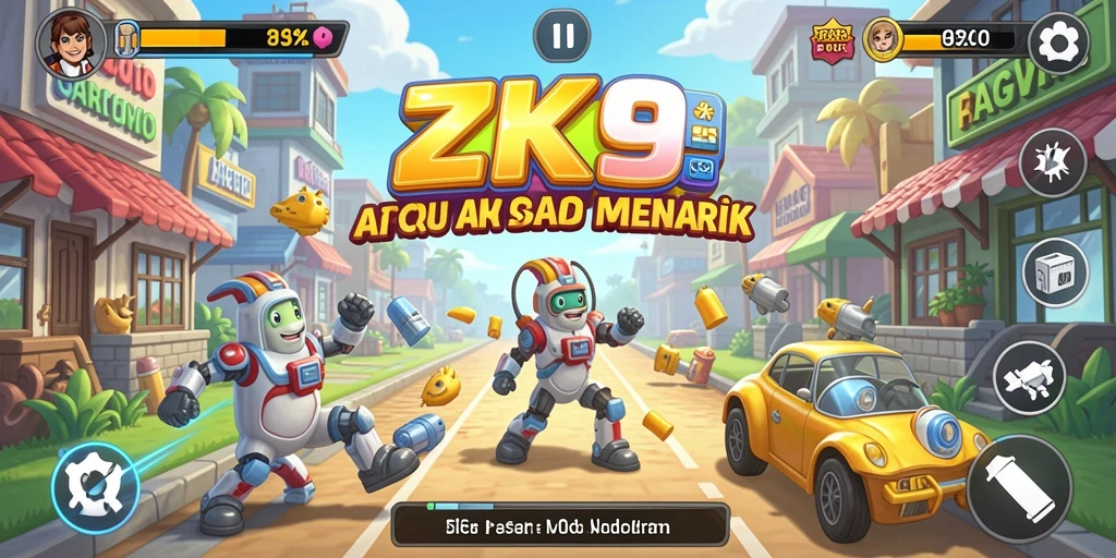 Screenshot ZK9 menampilkan gameplay arcade yang seru dan penuh warna.